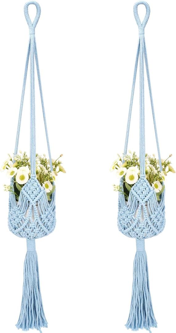 2 Pack Macrame Plant Hangers, 33-Inch Cotton Rope Hanging Planters with Diamond Design, Boho Home Decor for Indoor and Outdoor Use, Blue