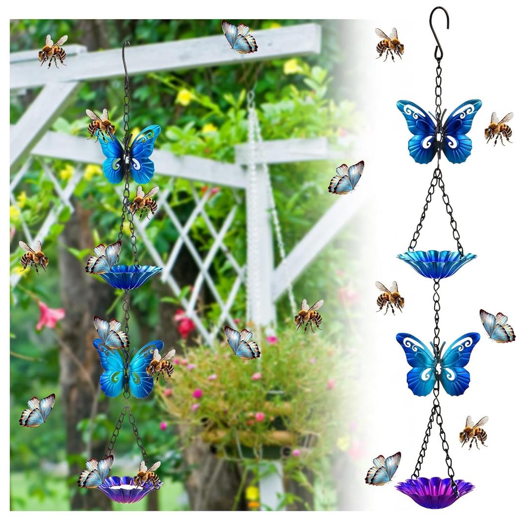 Tandefio Bee Watering Station for Garden Bee Butterfly Feeder Hanging Bath Bowl with Vivid Flower Design 15.75 x 2.56 Inch Colorful Metal Cups for Outdoor Yard Garden Decoration Gifts