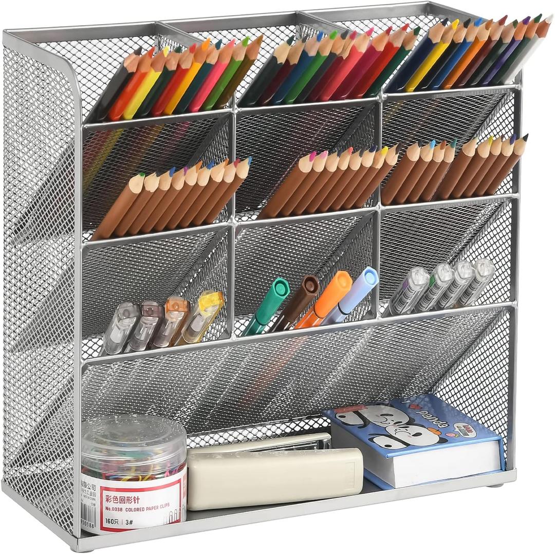 Marbrasse Mesh Desk Organizer, Multi-Functional Pen Holder, Desktop Stationary Organizer, Storage Rack for School, Home, Office, Art Supplies (Mesh Pen Holder-Silver)