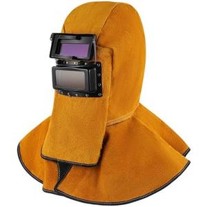Kingdder Welding Helmet Mask with Auto Darkening Filter Lens Leather Welding Hood Grinding Protective Gear Work Cap Head Face Neck Shield, Flame & Heat Resistant, Dust Resistant, Breathable(Yellow)