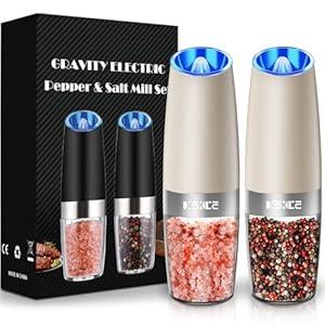 XinXu Gravity Automatic Electric Pepper and Salt Grinder, Auto Salt or Pepper Mill Shaker Stainless Steel, Blue LED Light, One Hand Operated- (Set/ Khaki)