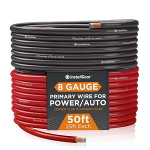 InstallGear 8 Gauge Wire (50ft) Copper Clad Aluminum CAA - Primary Automotive Wire, Car Amplifier Power and Ground Cable, Battery Cable, Car Audio Speaker Stereo, RV Trailer Wiring Welding Cable 8ga (Red + Black)