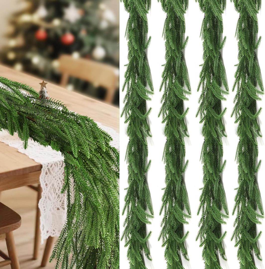 4Pcs 6Ft Artificial Norfolk Pine Garland, Real Touch Winter Pine Garland for Decoration Christmas, Green Faux Greenery for Mantle, Table,Staircase,Fireplace, Door, Wall,Indoor Outdoor Xmas Decor