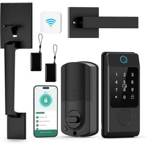 WiFi Front Door Lock Sets with Handle, Fingerprint Keyless Entry and Smart Keypad with Lever Handles, Electronic Screen+WiFi Gateway, APP Control, Auto-Lock, Voice Control (Black)