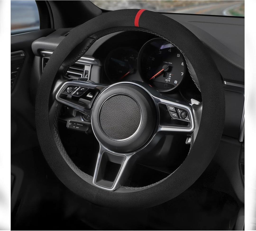 Suede Steering Wheel Cover with Upgraded Silicone Inner Ring, Breathable, Anti-Slip, Leather Universal 14.5 to 15 Inch Steering Wheel Cover (Black with Red Mark)