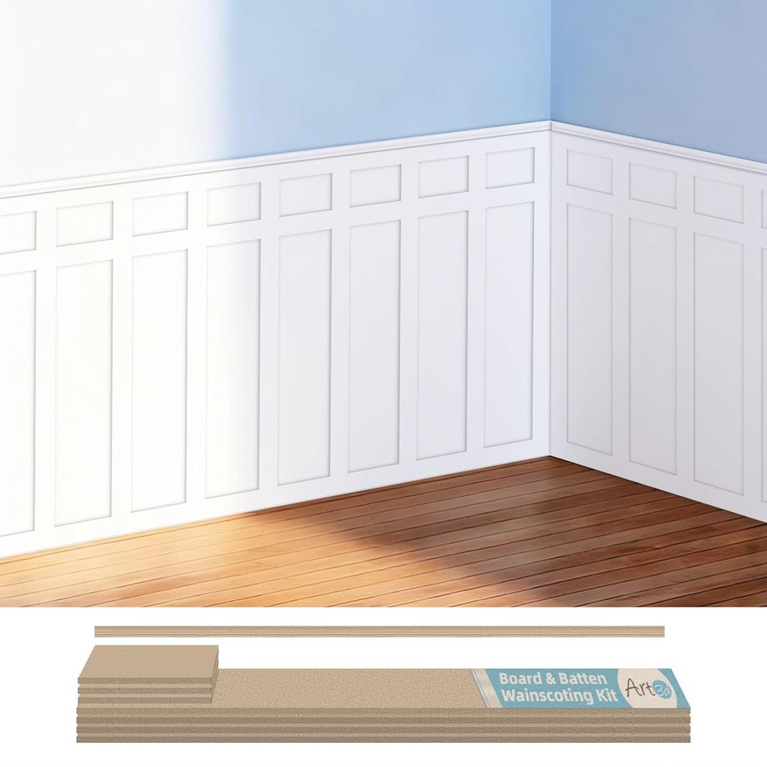 Art3d Premade Paintable Board and Batten Wainscoting Kit, 94.5 x 54 in