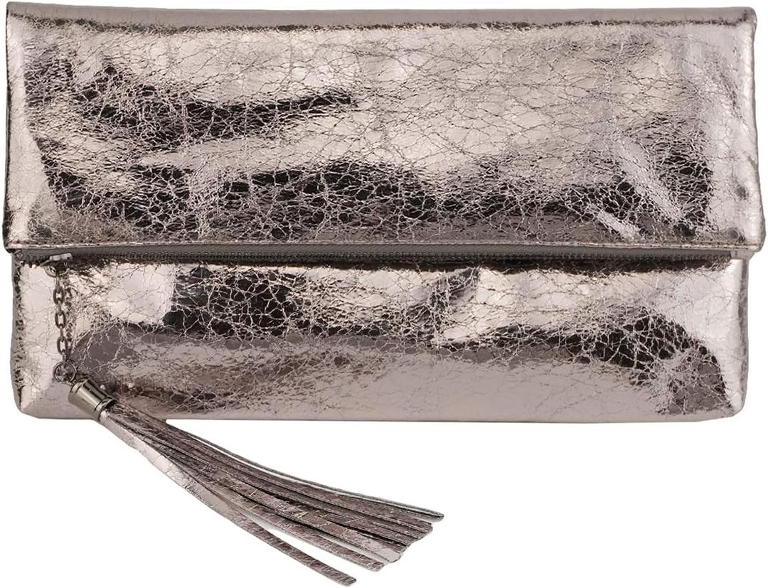 JNB Women's Cracked Metallic Fabric Foldover Clutch with Tassel (Pewter) JNB Women's Cracked Metallic Fabric Foldover Clutch with Tassel (Pewter)