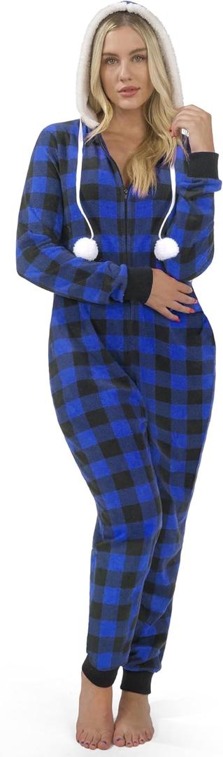 Giggling Getup Women Christmas Pajamas, Buffalo Plaid Pajamas with Hood, Flannel Sherpa Jumpsuit PJ (Blue)