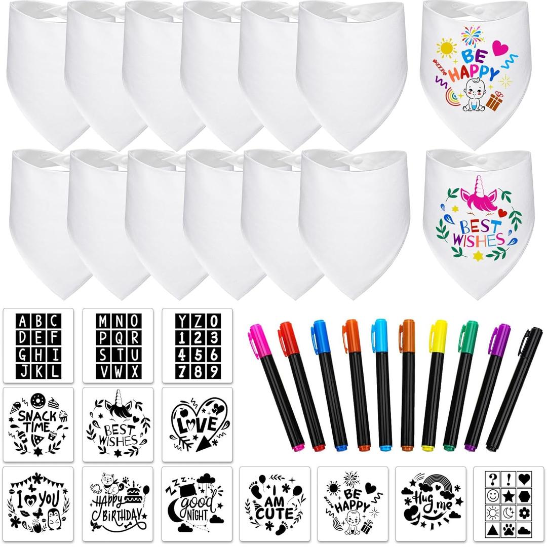 Jutom 38 Pcs White Bibs for Baby Decorating Sets Includes 14 DIY White Bibs 10 Fabric Paint Markers 14 Stencils, 2 Ply Cotton Plain Baby Shower Game Gifts for Boys Girls Gender Reveal Party