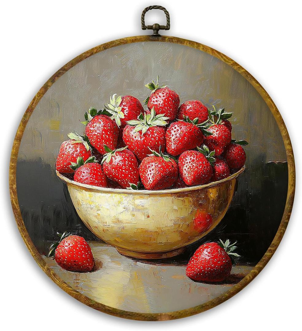 CUANFDDSF Moody Strawberry Cottage Kitchen Round Wall Art, Still Life Country Kitchen Wall Hanging Frame Decor, Vintage Fruit Farmhouse Canvas Prints Decorations for Home Dining Room, 10x10 Inch (Colour 05)