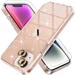 Choiche Compatible for iPhone 14 Case Women Phone Case, Cute Bling Sparkly, Military Grade Drop Protection, 2 Diamond Camera Lens Covers, 2 Tempered Glass Protectors, 6.1 inch (Glitter Gold)