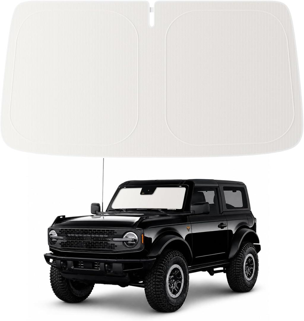 Cooling Car Windshield Sun Shade for Ford Bronco 2021-2026, Green and Beige | 99% UV Protection and Heat Insulation, Storage Bag Included, for Cars SUVs Trucks and Vans, Helps Limit Direct Sun Exposure