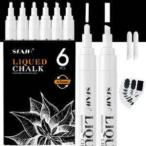 SFAIH White Chalk Markers - 6 White Chalkboard Markers for Chalkboards, Windows Markers, Glass, Signs, Liquid Chalk Markers Pens for Kids & Adults - 4.5mm Reversible Tips, Erasable, Non-Toxic
