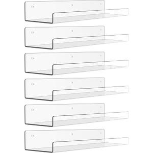 upsimples 6 Pack Acrylic Shelves for Wall Storage, 15" x 4 Floating Bookshelves for Kids, Display Shelf Organizer for Bathroom, Bedroom, Living Room, Kitchen, Room Decor, Clear