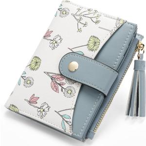 yiijay Small Wallet for Women RFID Blocking Tassle Bifold Slim Thin Leather Wallet Credit Card Holder Wallet Ladies Mini Wallet with Zipper Pocket (1Flora Blue)