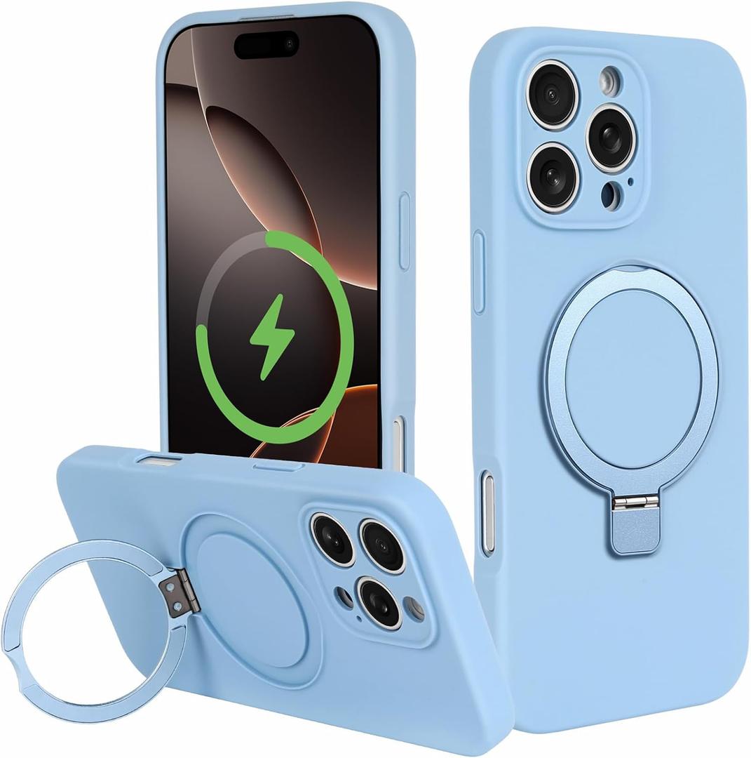 with Magnetic Invisible Stand Phone Case for iPhone 16 Pro Max 6.9 inches, Silicone Compatible with Magsafe Military Grade Full Camera Protection Phone Covers for Women Men(Light Blue)