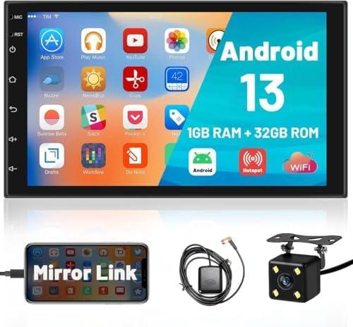 Hikity Android 13 Double Din Car Stereo 7 Inch Touch Screen Car Radio GPS Navigation WiFi Bluetooth FM Radio Mirror Link for iOS/Android Phones, with 12 Led Lights AHD Rear View Camera Mic
