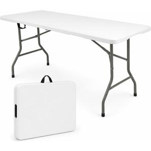 HAISIWLKJ Folding Table 6 FT Lightweight Camping Table White Portable Plastic Rectangular Outdoor Dining Table Steel Legs Fold-in-Half with Carrying Handle for Indoor,Picnic,Party,Wedding,Events