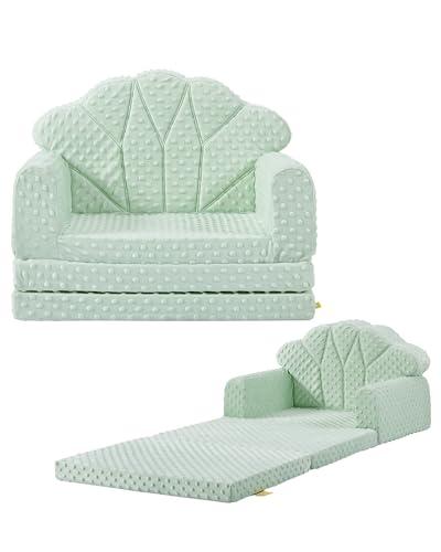 ATTABABY Kids Couch, 2-in-1 Soft Bubble Dot Minky Fold-Out Couch, Convertible Sofa to Lounger for 1-3 Years Old, Kid Furniture for Playroom, Green