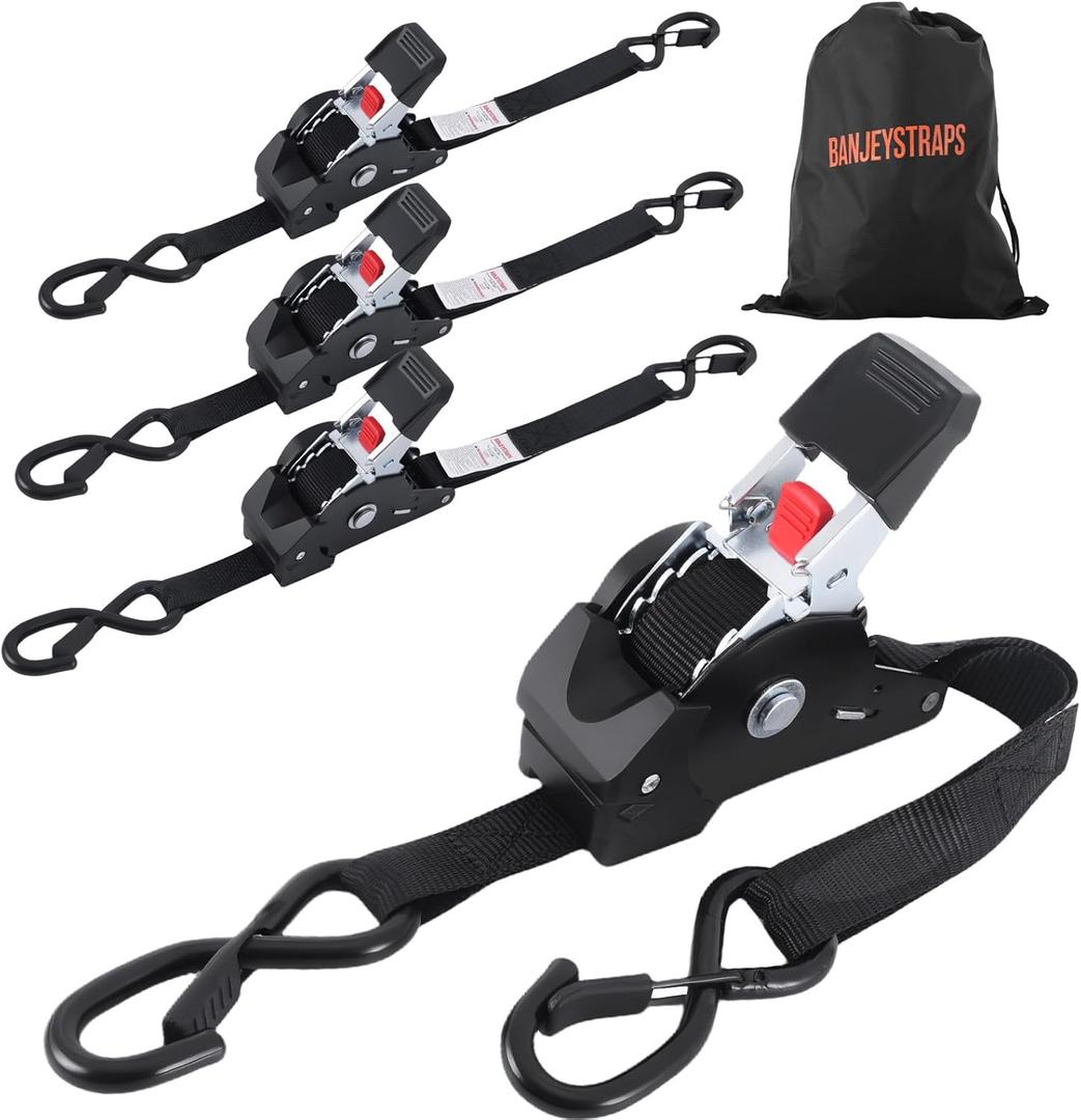 Self Retracting Ratchet Straps 1" x 10' (4-Pack) - Black Heavy Duty Tie Down Straps with Auto Retract, 1540lb Break Strength for Truck, Motorcycle, ATV, Cargo Trailer