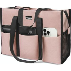 TOPDesign Utility Water Resistant Tote Bag with 13 Pockets, Top Zipper Closure & Thick Bottom Support, for Working Women (Medium, Pink)