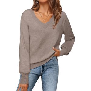 MEROKEETY Women's 2025 Fall Long Sleeve Sweater V Neck Winter Tops Casual Lightweight Knit Pullover Shirts (Brown, M)