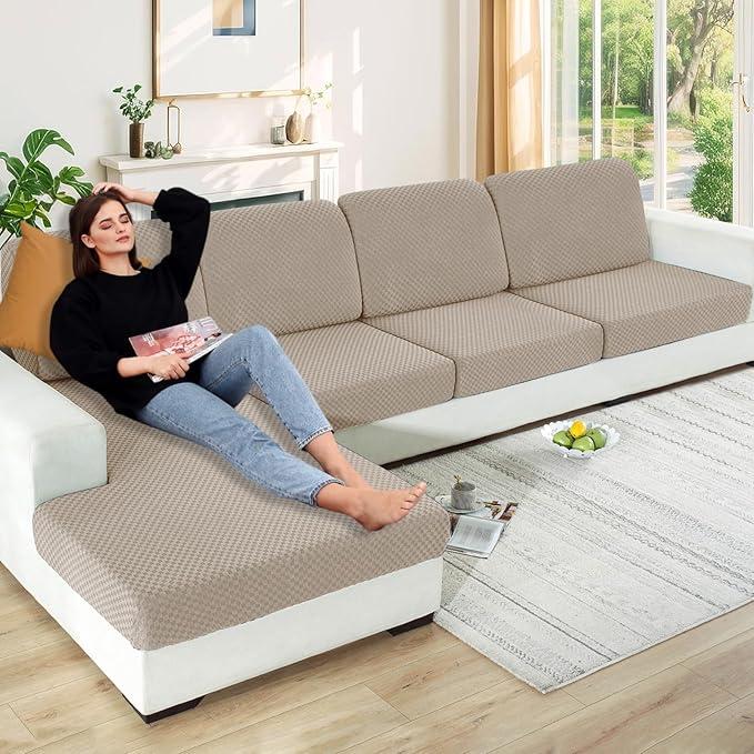  Stretch Individual Cushion Covers Large Sofa Seat Cushion Slipcovers Soft Couch Cover Replacement Large Checkered Furniture Protector with Elastic Bottom (3 Pcs XL Cushion Covers, Khaki)