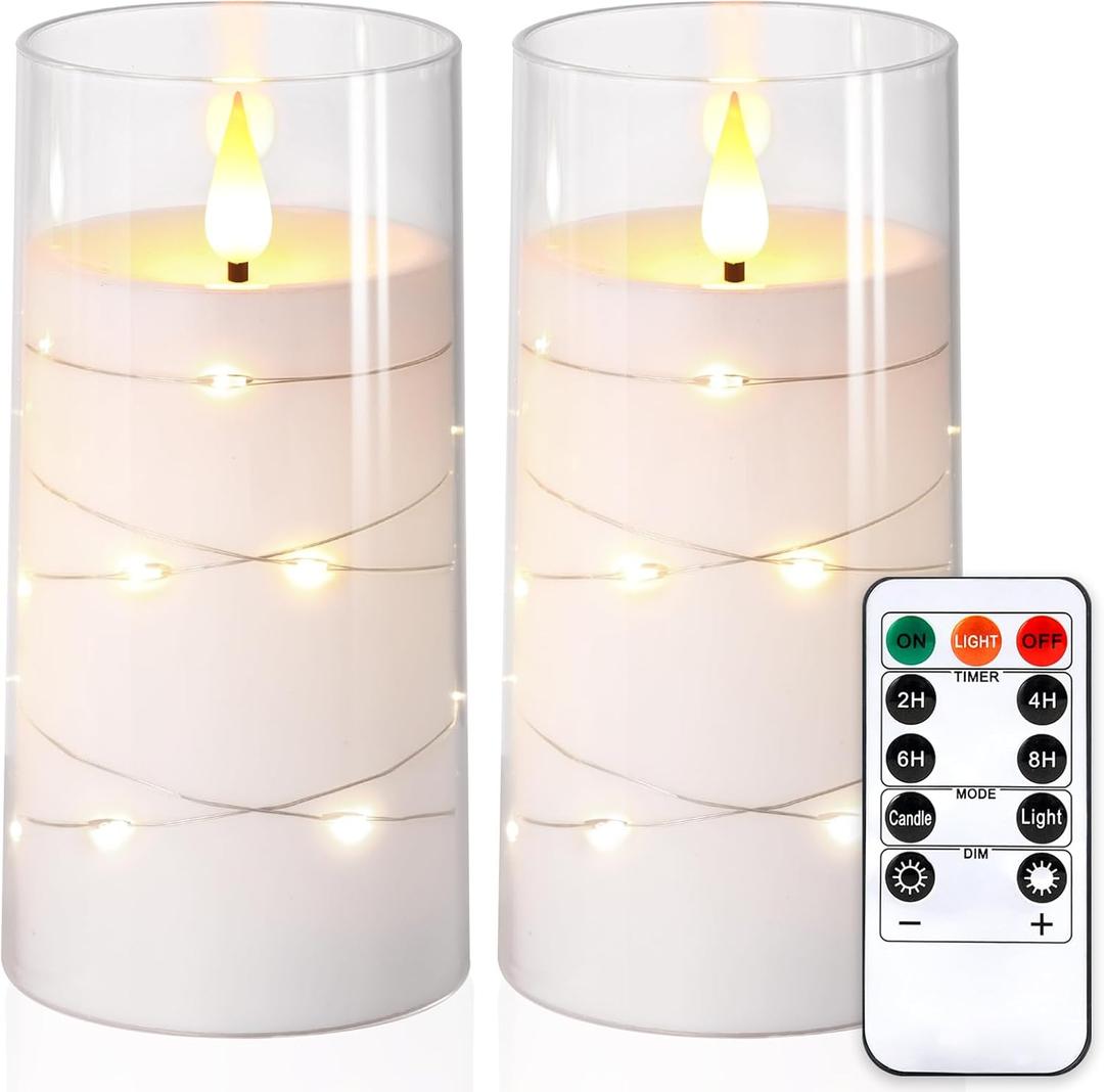 NURADA Flickering Flameless Candles: Built-in Star String Lights, Acrylic Battery Operated LED Pillar Candles with Remote and Timer for Romantic Mood Home Decoration - 2 Pack Pure White (6''6")