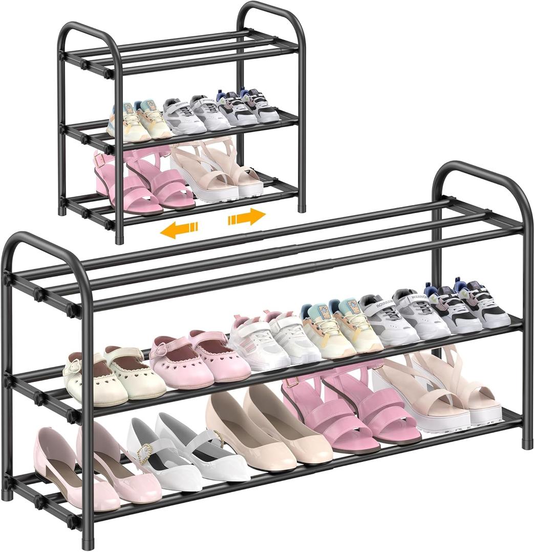 Hleelomi 3Tier Expandable Shoe Rack,Adjustable Shoe Shelf Storage Organizer Heavy Duty Metal Free Standing Shoe Rack for Entryway, Closet,Living Room,Dorm,Black