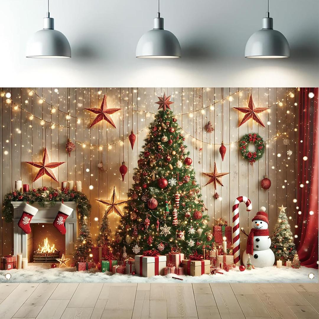 Merry Christmas Backdrop Fireplace Xmas Tree Snowman Background Banner with Gifts and Lights for Holiday Party Decorations 71 x 43 Inch for Indoor Outdoor Winter Celebration Wall Decor