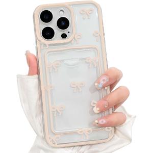 NITITOP Compatible with iPhone 16 Pro Max Case with Card Holder Clear Cute Bow Ribbon for Women Girls Colorful Frame Soft TPU Wallet Shockproof Protective Cover - Light Pink