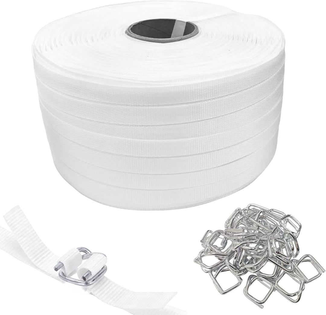 3/4" x 330' Woven Cord Strapping Roll with 50 Pack Metal Wire Buckles, Heavy Duty Poly Packaging Strapping 2400 lbs Break Strength, Polyethylene Braided Rope for Pallet Shipping & Industrial Bundling