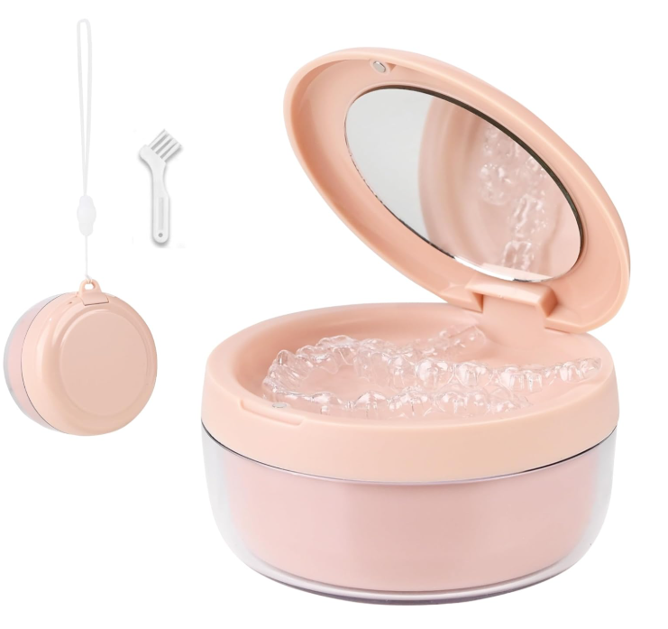 Denture Case, 2-in-1 Retainer Cleaner Case with Mirror & Strainer, Portable Aligner Bath Soaking Cup for Travel, Cute Orthodontic Storage Box for Mouth Guard, Night Guard & False Teeth, Pink