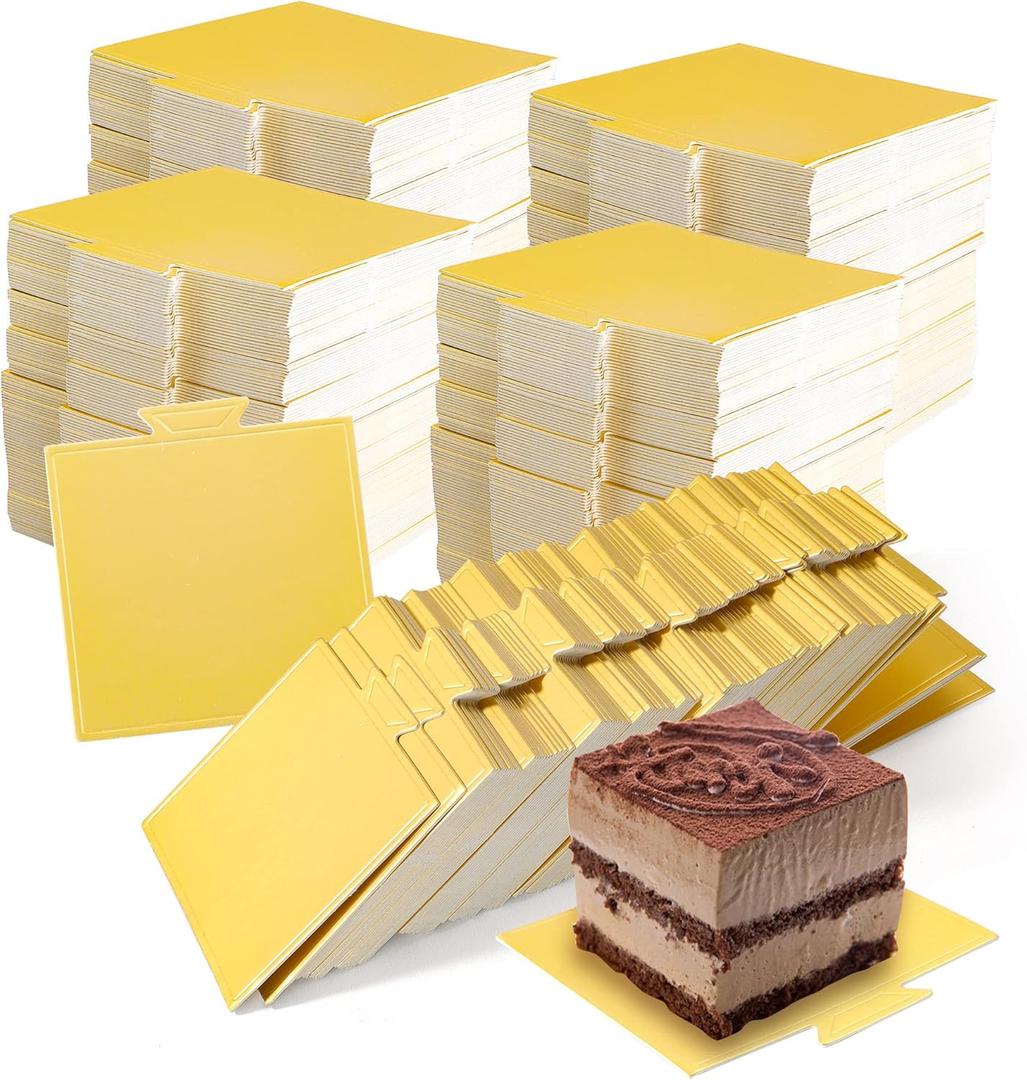 300 Pcs Mini Square Cake Boards, 3.5 x 3.3 Inch Gold Square Cake Boards, Golden Mousse Cake Boards, Mini Cake Bases for Cupcakes,Cake Slices,Treats, Cheesecake,Dessert