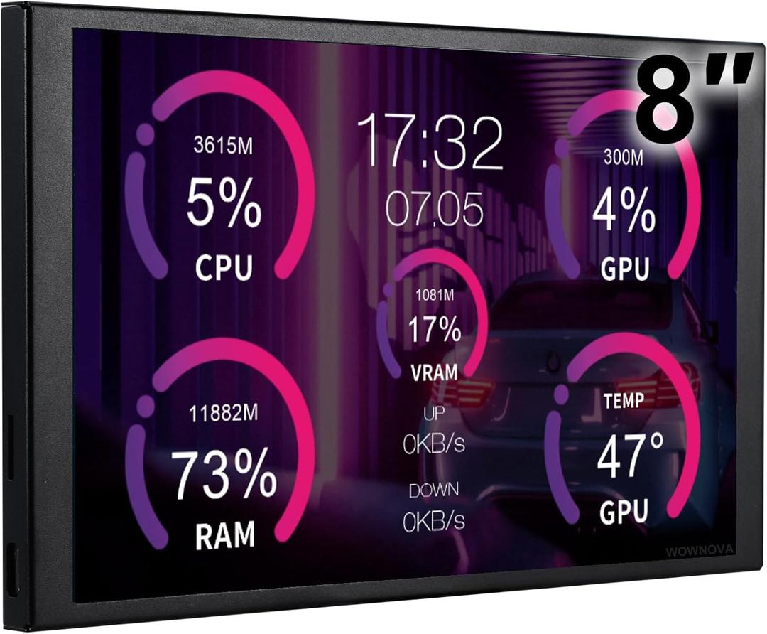WOWNOVA 8 Inch LCD Screen Inside PC Case Screen (Desktop Mode Added), 1 Click 1 Cable to Get Started Computer Temperature Display Monitor, Sensor Panel for Inside PC Case with Screen (Black)