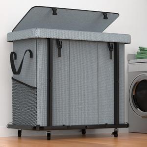 60 Gal (230L) High Grade Large Laundry Basket with Wheels, Rolling Laundry Hamper, Laundry Cart with Metal Frame and Removable Bag Design, Suitable for Laundry Room, Bedroom (Grey, 3 Section 230L)