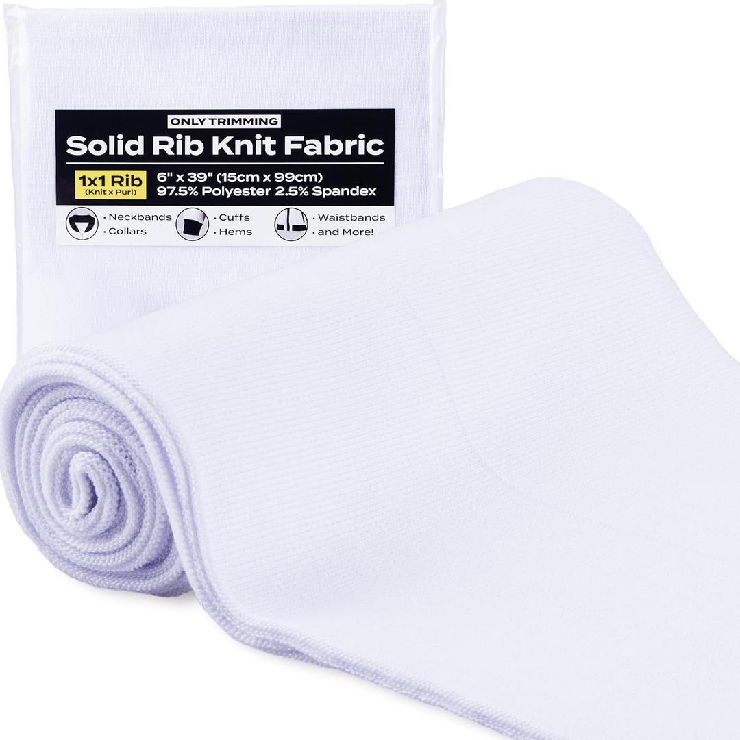 1x1 Solid Rib Knit Fabric, Stretchy Knitted Ribbing for Cuffs, Collars, and Waistbands, Polyester-Spandex Blend, DIY Sewing Trim, 6 x 39 Inches (White, 6 x 39 Inches)