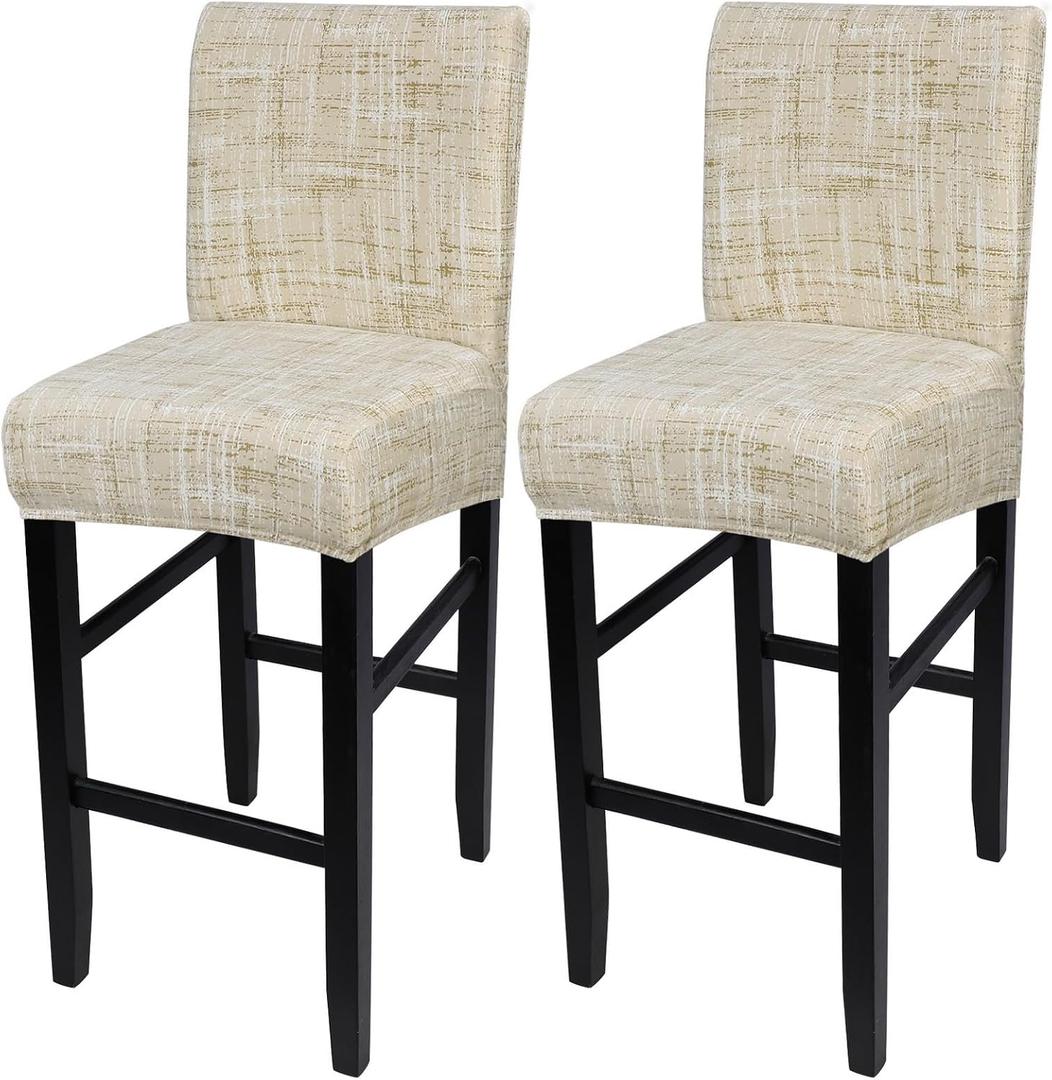 SearchI Bar Stool Covers Set of 2, Stretch Washable Barstool Seat Covers, Counter Height Chair Covers for Kitchen Dining Room Cafe (Beige Linen-Look Print)