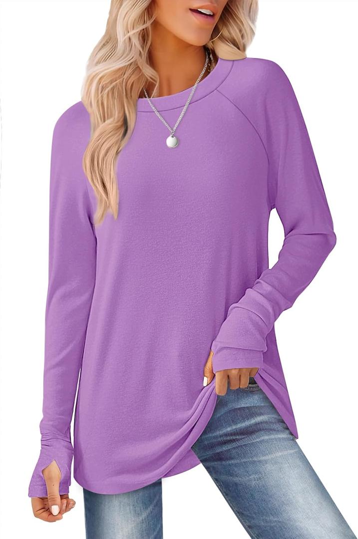 Womens Long Sleeve Tops Crew Neck T Shirts for Women Tunic Tops with Thumb Holes Fall Outfits for Women 2025 (XL, Purple)