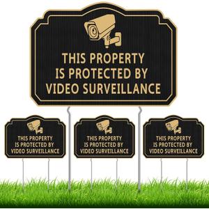 Leinuosen 4 Pcs This Property Is Protected by Video Surveillance Sign 14" x 10" Security Yard Sign Outdoor with Stake Corrugated Plastic Security Camera Sign No Trespassing Signs for Home Outdoor Lawn
