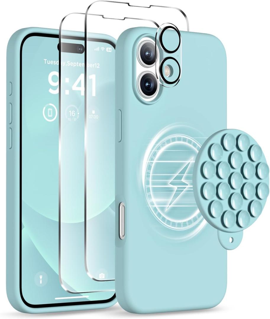 Magnetic for iPhone 16 Case, Compatible with Magsafe, Suction Cup Phone Mount, [2 Screen Protectors][Camera Lens Protector] Silicone Shockproof Protective Slim Phone Cover 6.1", Light Cyan