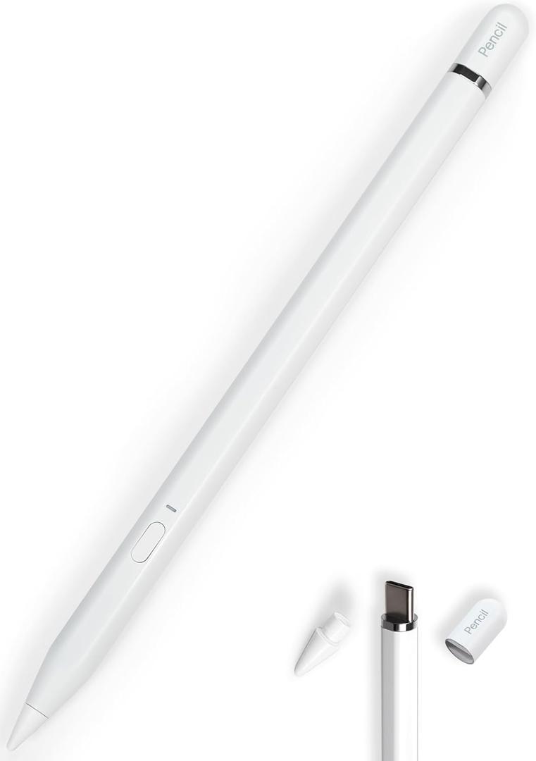 Pencil 1st Gen (USB-C) for iPad 2018-2026: All-Aluminum Stylus, Bluetooth Shortcuts, Plug&Charge, Tilt Sensitivity&Palm Rejection for iPad 6-11&Mini 5-7, Air 3-5/M2/M3, Pro 11-13"(M4/M5)White