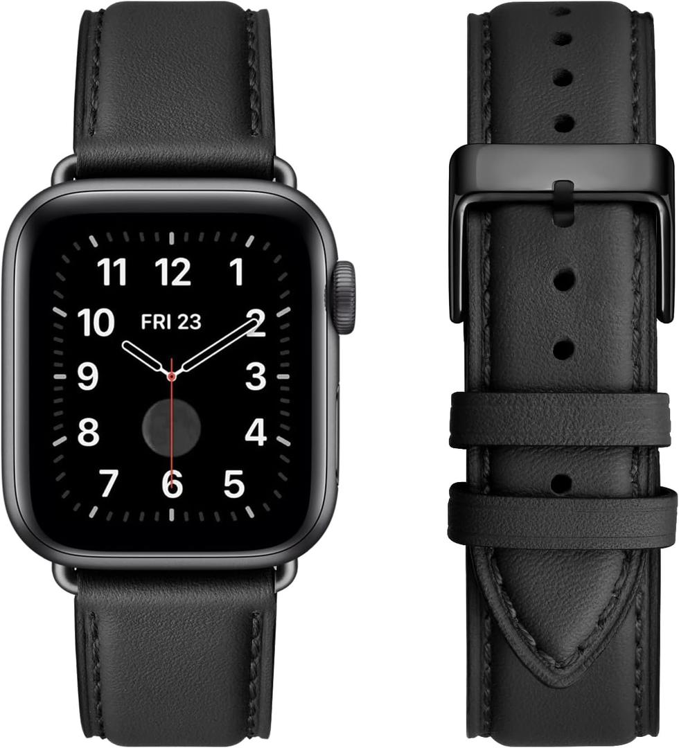 Leather Bands Compatible with Apple Watch Band Genuine Leather Wristband Starp for iWatch 38mm/40mm/41mm/42mm (Series 11 10) Black/Black)