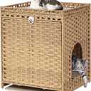 Cat Litter Box Enclosure with Soft Litter Mat; Hidden Cat Washroom Furniture with Door; Handwoven Rattan Cat House; Pet Crate for Living Room, Bedroom, Balcony (Natural)