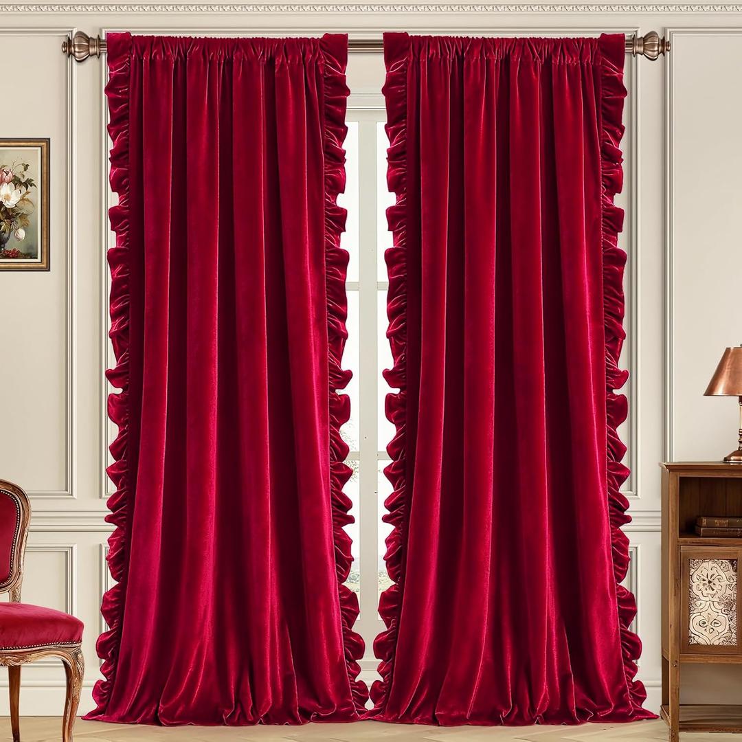 Likiyol Red Velvet Curtains for Living Room 84 Inch Ruffle Christmas Blackout Curtains for Bedroom with Tieback, Thermal Insulated Rod Pocket Window Curtain Room Darkening Drapes 52"W x 84"L, 2 Panels