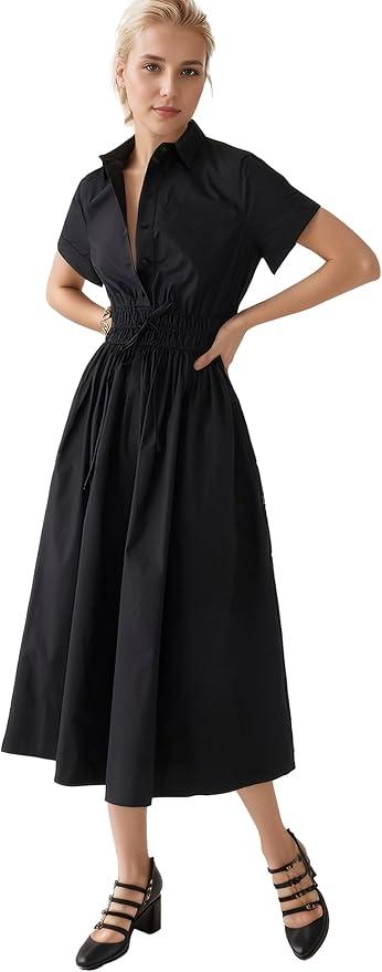 Ladyful Women Casual Button Down Short Sleeve Shirt Dress Tie Waist Midi Shirt Dress Elegant Business Party, Small