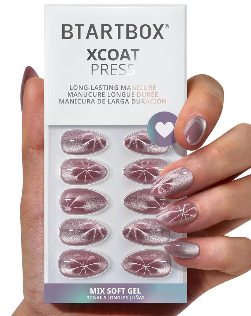 BTArtbox Press On Nails Short - Berry Spark, Lamp-Curable Glitter Almond Press On Nails with Glue and Adhesive Tabs for Women in 16 Sizes - 32 Soft Gel Glue On Nails Kit