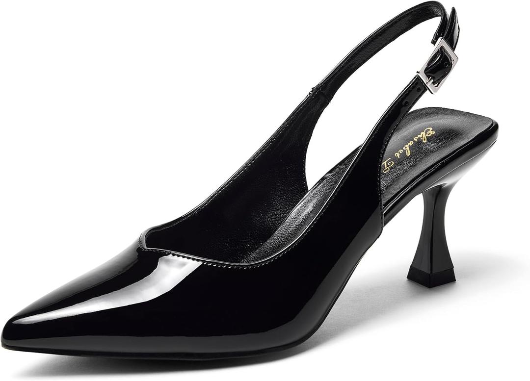 Elisabet Tang Women's Kitten Heel Slingback Low Pumps 3 Inches Stiletto Pointed Closed Toe Elegant Dressy Bridal Wedding Party Shoes (10, Black)