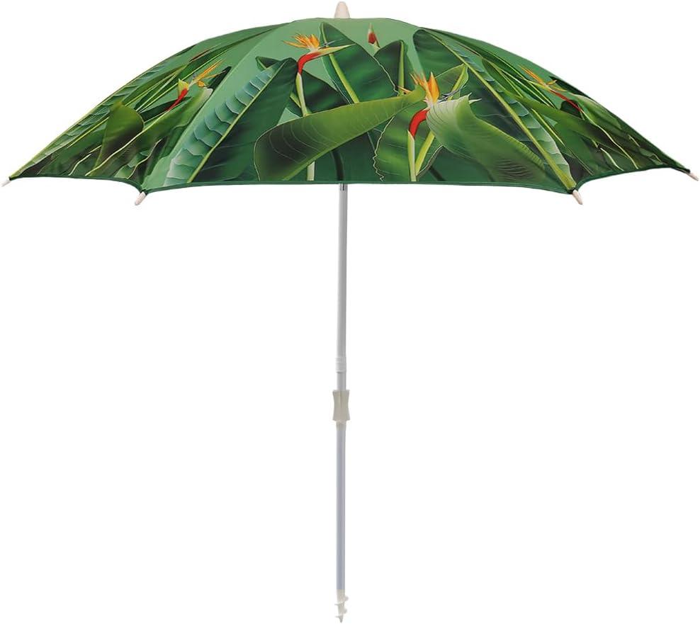 Beach Umbrella with Sand Anchor & Carry Bag, 6.5 Foot Beach Umbrella with Tilt Adjustable Pole Height, Ideal for Travel Garden Lawn, UPF 50+ (Birds of paradise)