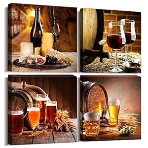 Kitchen wall decor Restoring ancient ways Still life Wine glass Wine barrel Canvas Prints Wall Art for Dining Room Bar Home Decorations 16x16 inch/ 4 piece restaurant posters decor Artwork Home decor
